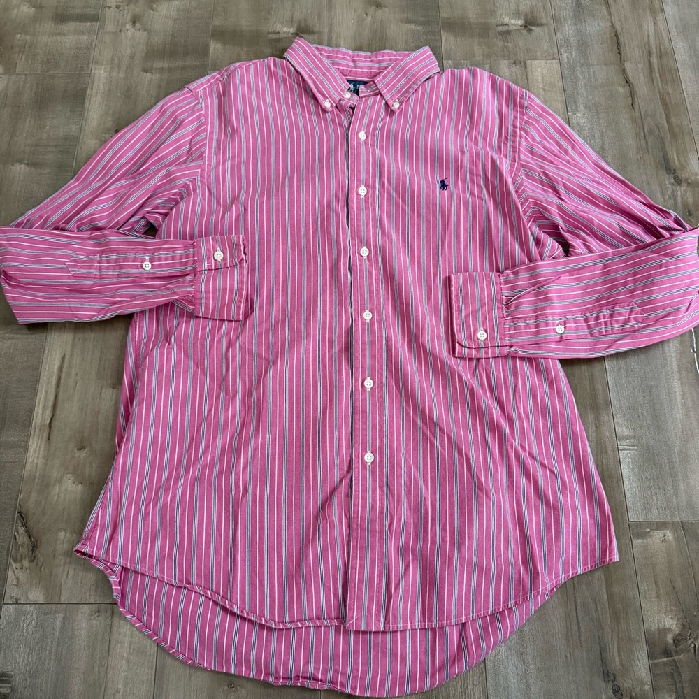Ralph Lauren Custom Fit Button Down‎ Shirt Men Large Pink Vertical Stripe Preppy - Picture 2 of 7